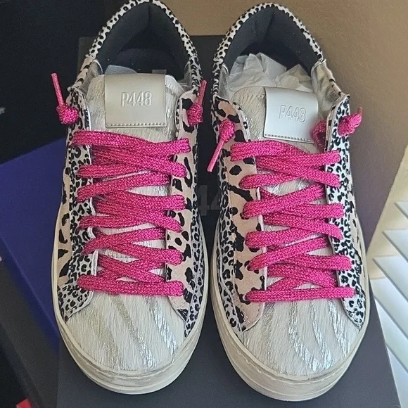 NEW P448 John Sneaker Silver Leopard Print Pink Laces Box Italy - 37 (6.5 - 7) - Picture 10 of 14
